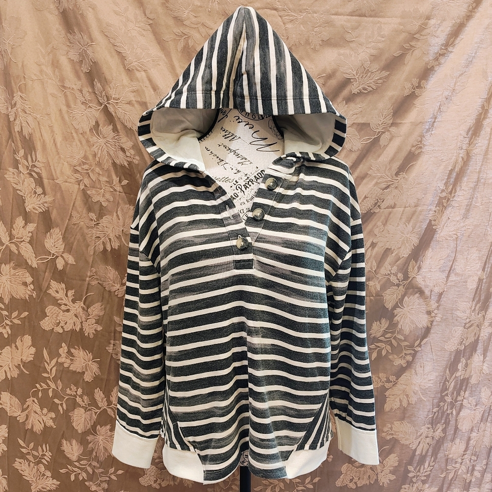 Westbound Striped Print Dark Denim Knit Hoodie, Size Petite Large, Gently Used!